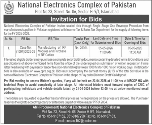 Manufacturing of RF Modules and Purchase of RF Cables - National Electronics Complex of Pakistan